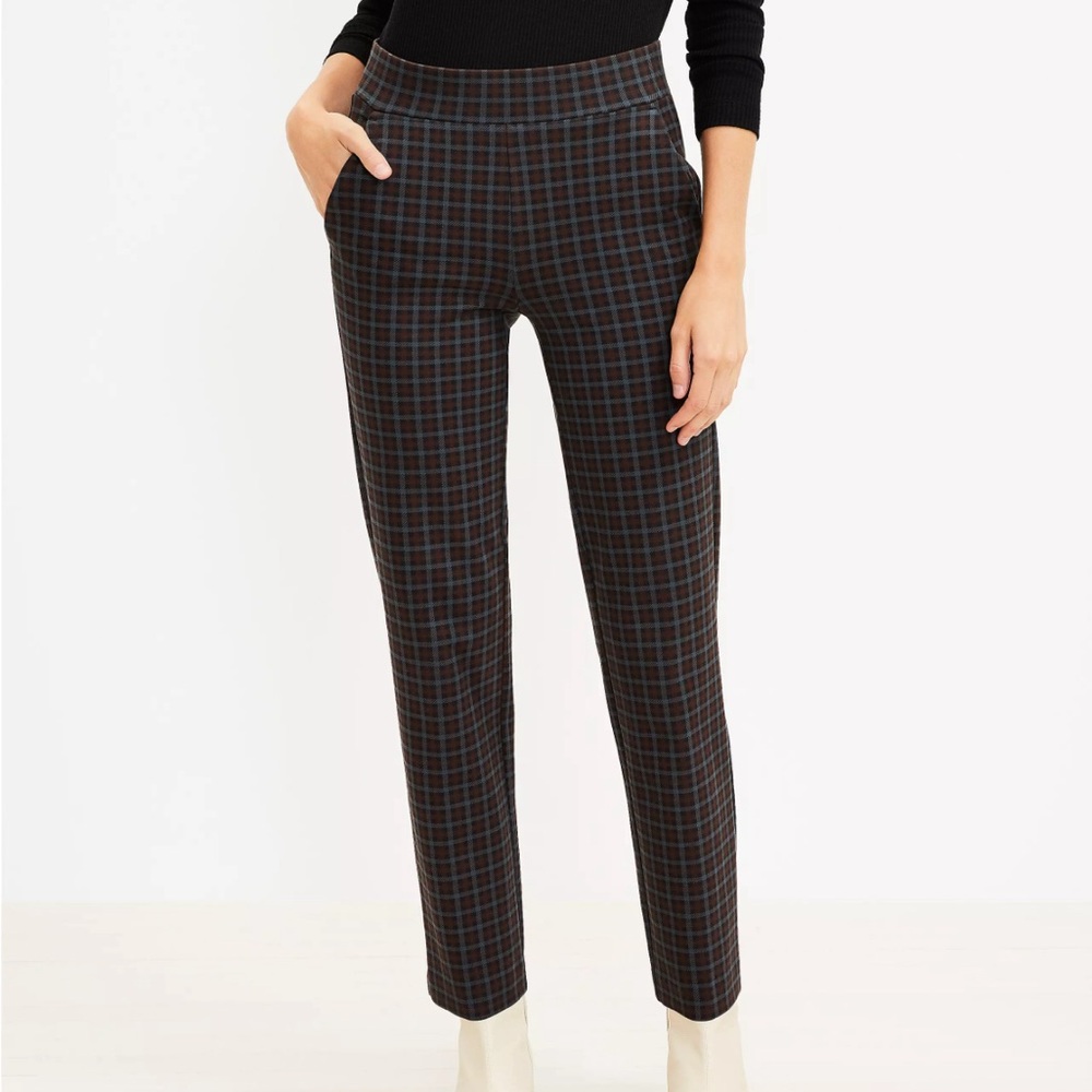 LOFT Pull On Straight Pants Plaid Ponte Size Large Brown Grey